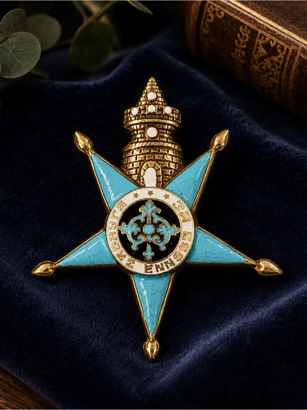 Antique Balkan Foreign Order Enamel Star Brooch Turquoise Gold Tone Rare